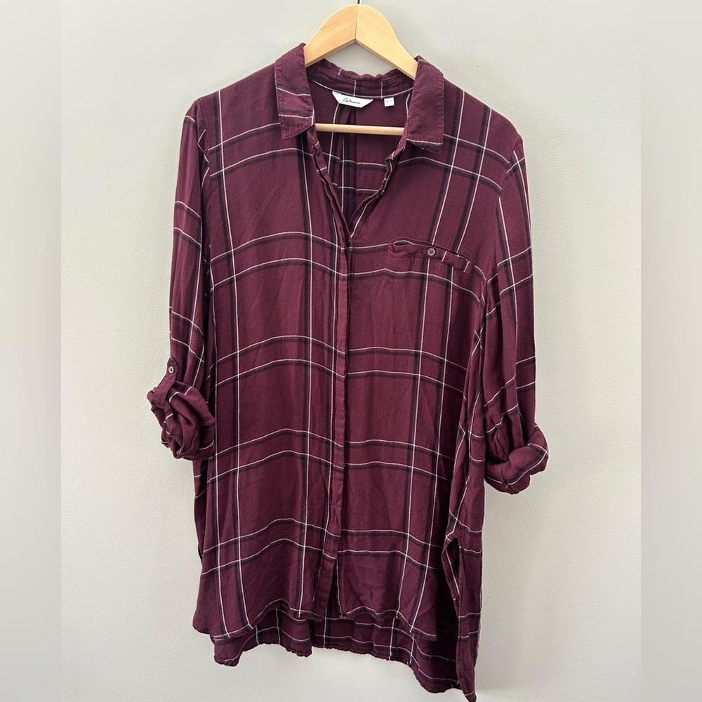 Reitmans Plaid Button Down Plum Lightweight Split Hem Tunic Shirt Mini Dress - Picture 2 of 5